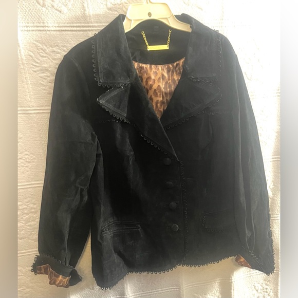 IMAN Black Suede Leather Blazer Jacket with Leopard Lining Size 1X - Picture 1 of 5
